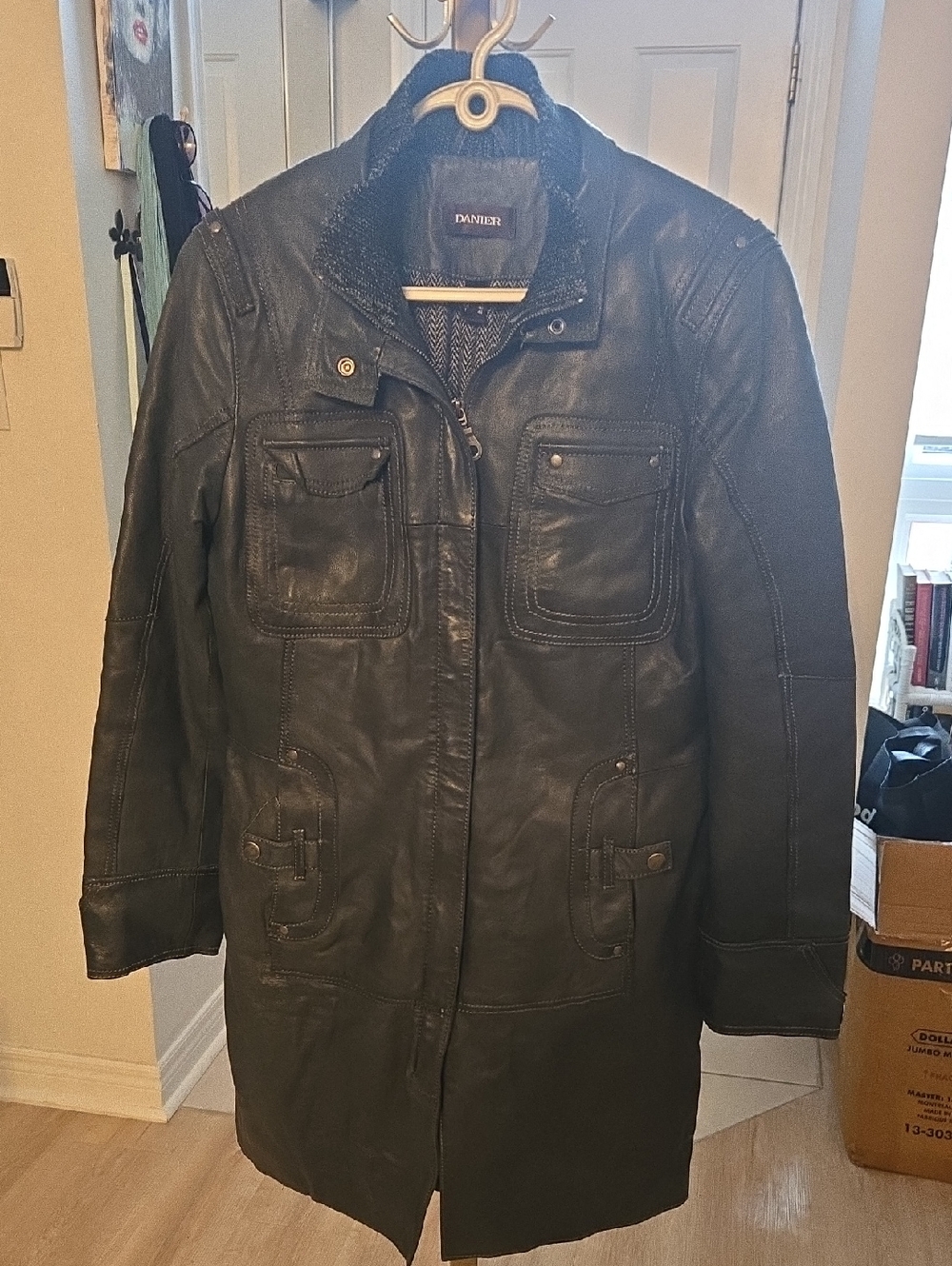 Danier dark grey leather jacket, w/ zipper, double collar, lined, pockets, fall